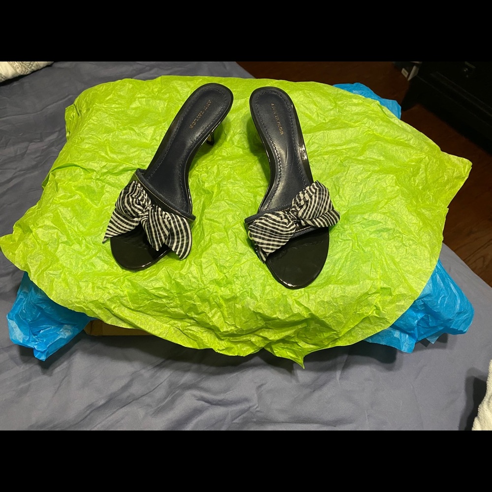 Ann Taylor Navy and denim kitten heeled mules